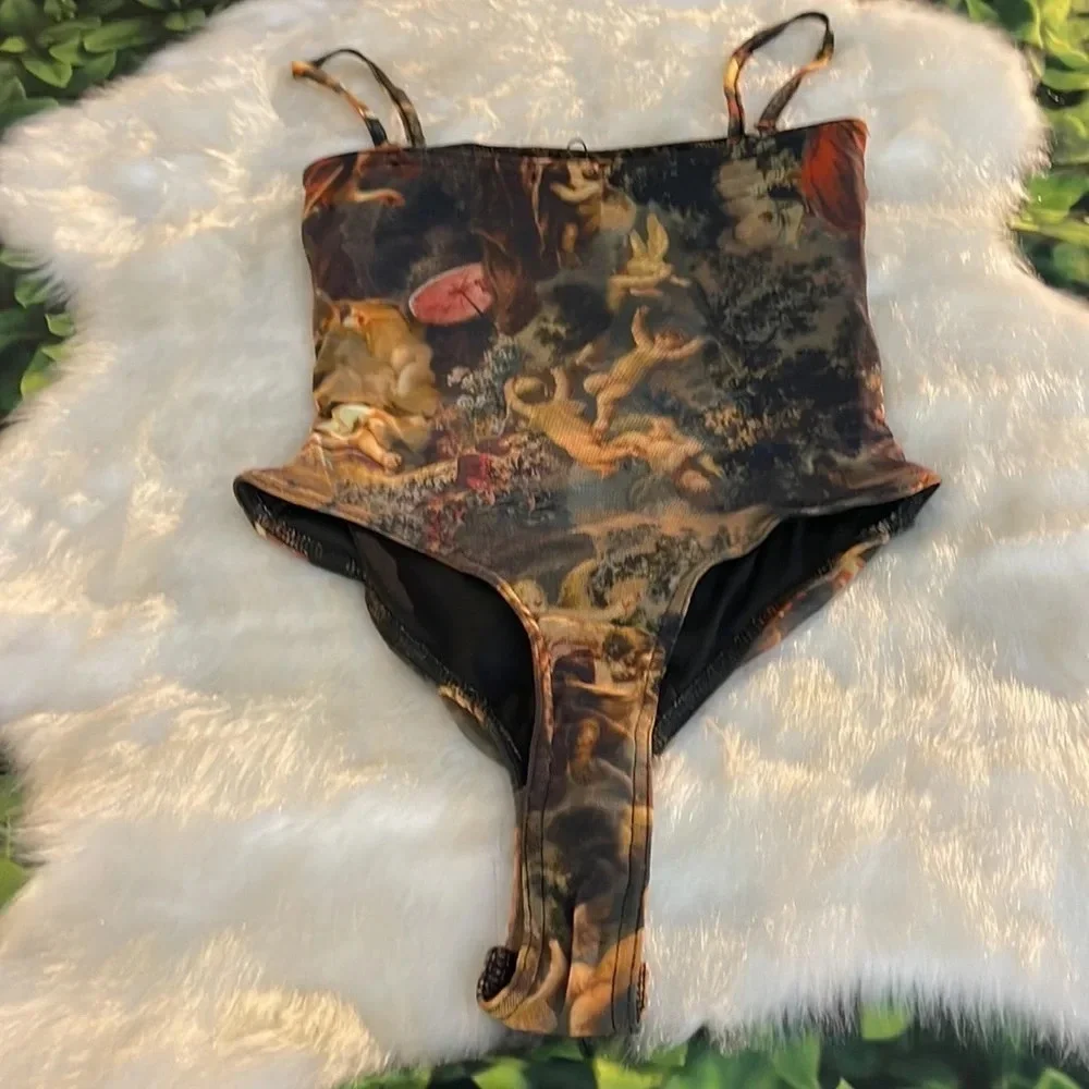 Plt Shape Brown Renaissance Print Mesh Ruched Thong Bodysuit - Picture 11 of 12